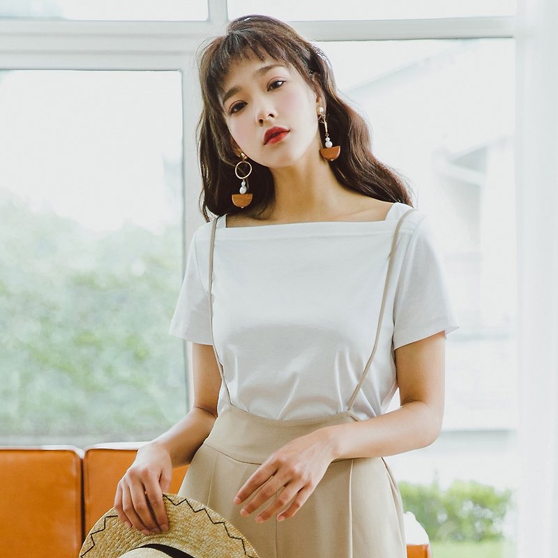 アン陳2018夏の新しいスタイルの文学の女性の四角い襟ソリッドカラーのTシャツ - Tシャツ - コットン・麻 ホワイト