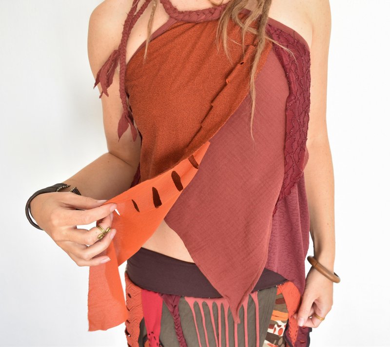 Red and orange womean summer top, backless tribal tie top - 女上衣/長袖上衣 - 棉．麻 紅色