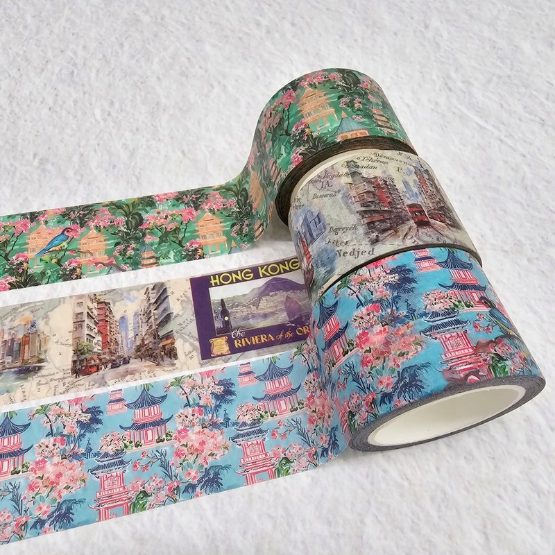 Hong Kong vintage theme washi sticker tapes. extra long - สติกเกอร์ - กระดาษ สีน้ำเงิน