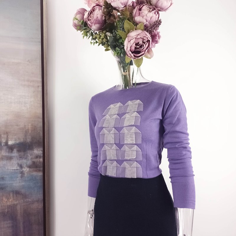 Silky smooth 100% cashmere ladies pullover with themed hand stitch pattern. - Women's Sweaters - Wool Purple