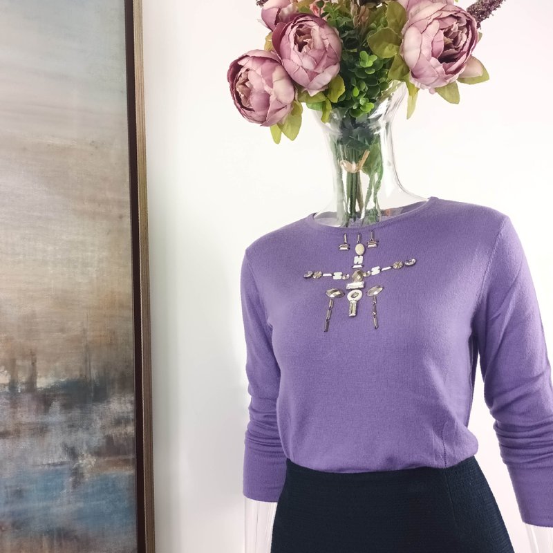 紫芋色絲滑全羊絨女裝主題圖案套頭毛衣 免費客定手繡字母 - 女毛衣/針織衫 - 羊毛 紫色