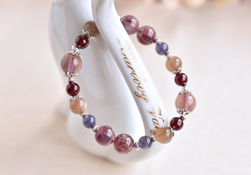Purple chalcedony + aurora crystal + cordierite + Stone+ moonstone sterling silver bracelet - สร้อยข้อมือ - คริสตัล สีม่วง