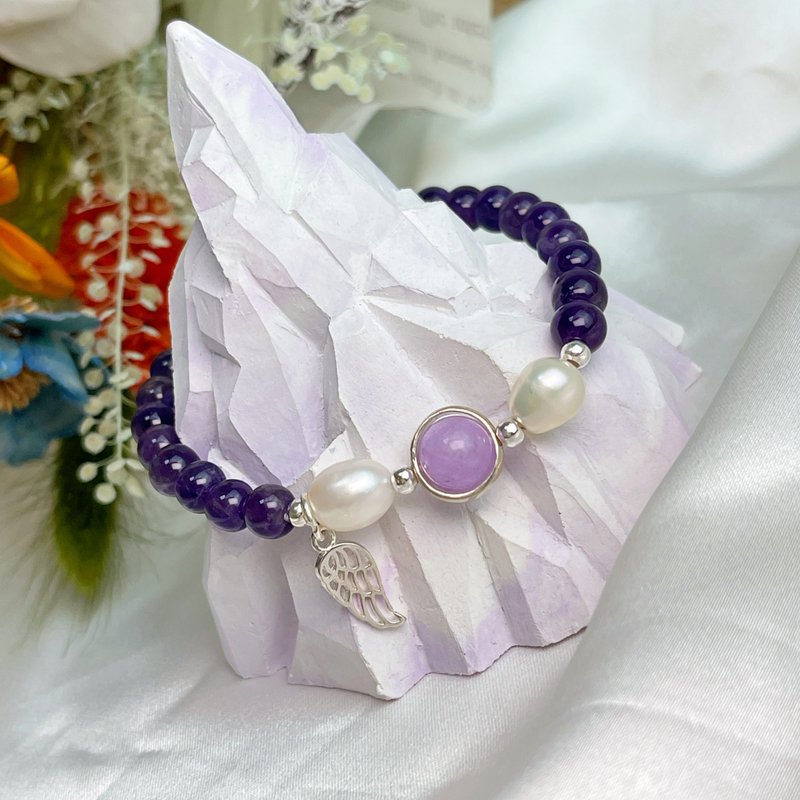 天然珍珠/貴人相助-純銀翅膀珍珠紫水晶手鍊 - 手鍊/手環 - 水晶 