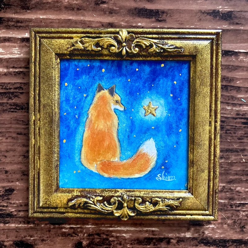 Original picture Star-lit fox / fox and raccoon painting antique style antique interior decoration - Posters - Paper Blue