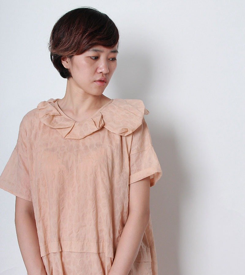 And_ Short-sleeve texture dress - ชุดเดรส - ผ้าฝ้าย/ผ้าลินิน สีส้ม