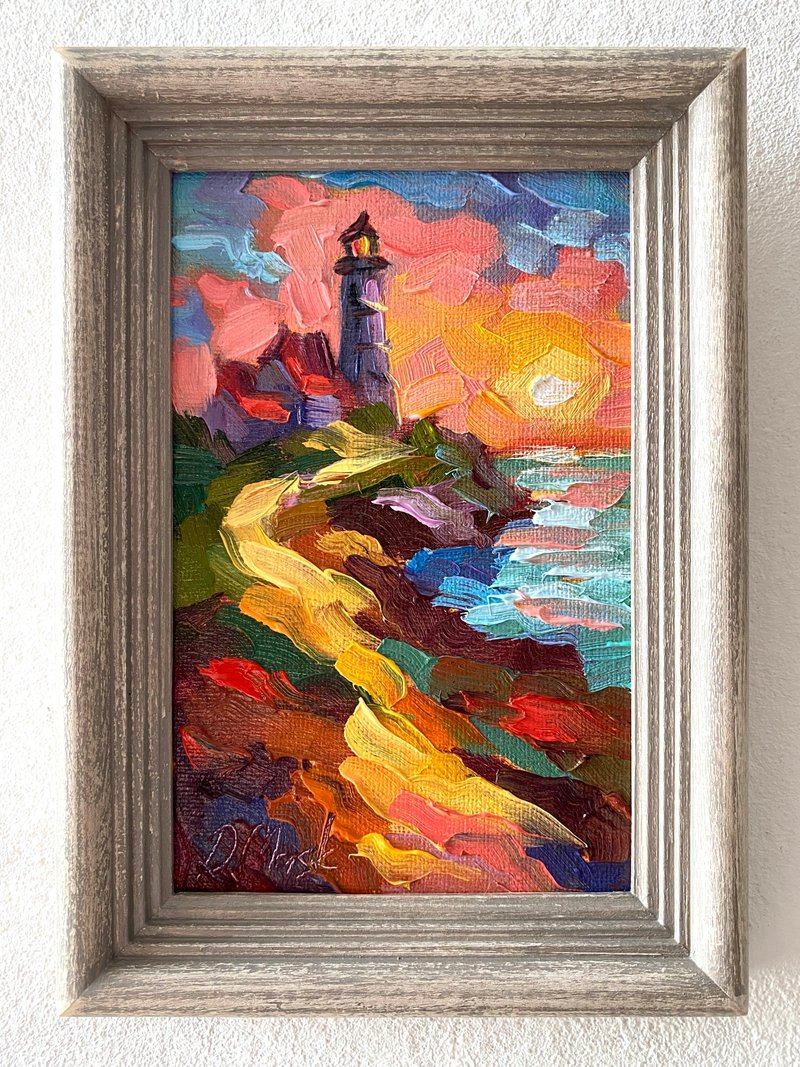 燈塔油畫原創海景畫厚塗小幅藝術品海洋海岸壁畫 - 壁貼/牆壁裝飾 - 木頭 