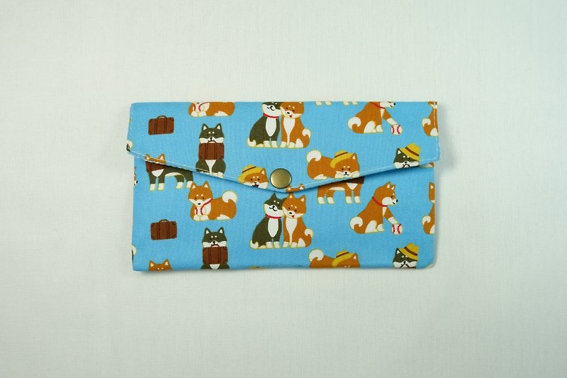 手作りの布を再生します。 2017柴犬ファミリー（ブルー）レッドバッグバッグ通帳収納バッグ - 財布 - コットン・麻 ブルー