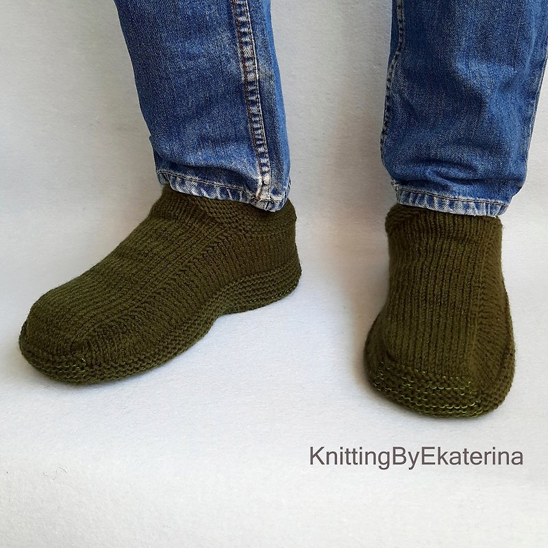 Christmas Gifts For Dad Ideas, Wool Gifts For Him Olive Dark Green Wool Slippers - Slippers - Wool Green