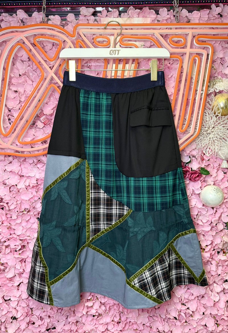 OTT 一点物・日本製パッチワーク フェイクツーピーススーツ グレンチェック レーザーカットベルベットリボンスカート - スカート - コットン・麻 グリーン