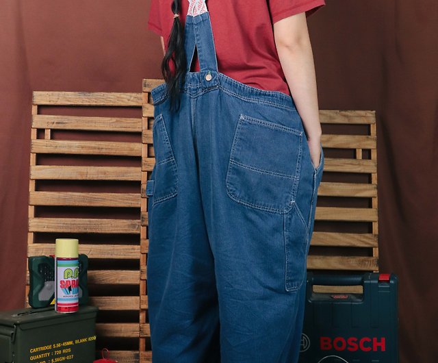 Pointer suspender trousers 012 low back dark blue 41 waist 【Tsubasa.Y  Vintage House】 - Shop tsubasay Overalls & Jumpsuits - Pinkoi