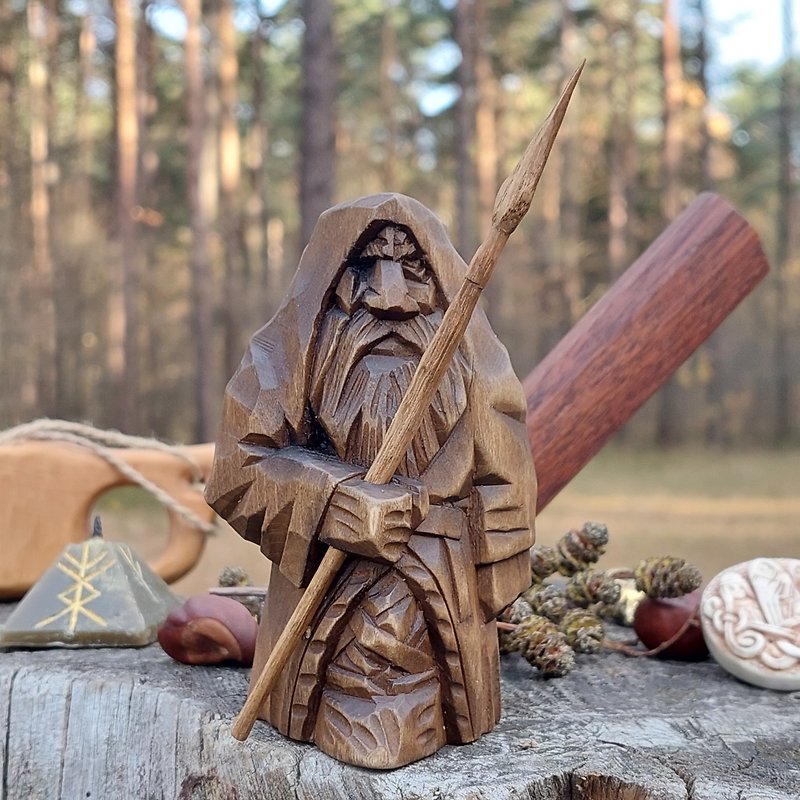 wood norse god figurine Odin statue allfather wodan - Stuffed Dolls & Figurines - Wood Brown