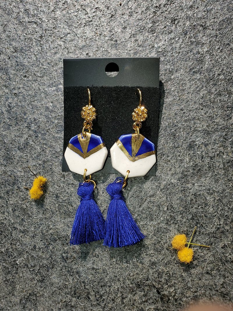 Blue and White glaze Porcelain With Pom Pom Earrings with 24k gold luster - Earrings & Clip-ons - Porcelain 