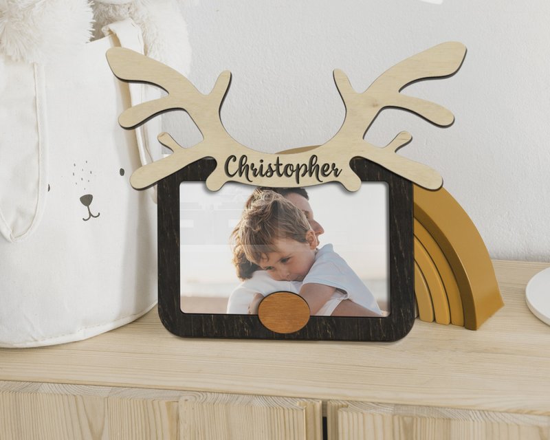 Personalized photo frame with a nose and antlers Custom color nursery wall decor - Picture Frames - Wood Multicolor