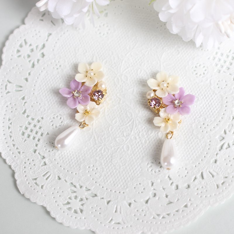 Purple flower Swarovski earrings Clip-On - Earrings & Clip-ons - Clay Purple