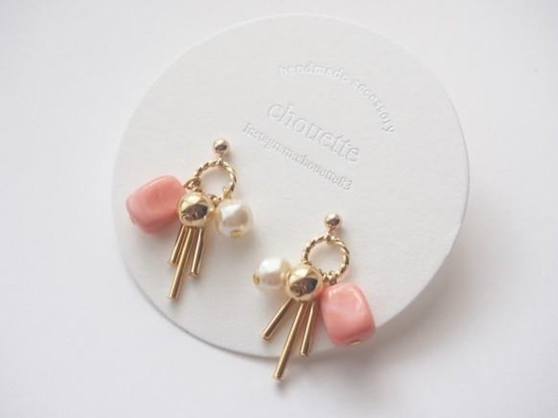 14kgf Gold Bar Acrylic Earrings Coral Pink - ต่างหู - โลหะ สึชมพู