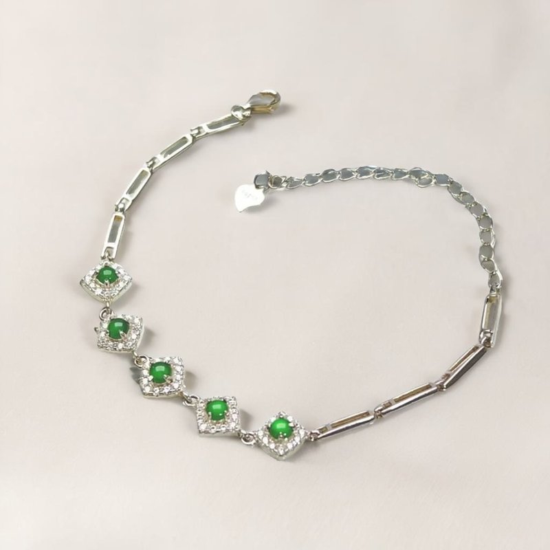 Ice green jade cabochon bracelet 925 sterling silver | Natural jade A goods | Gift giving - สร้อยข้อมือ - หยก สีเขียว