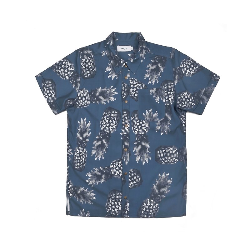 oqLiq-AdHeRe-Mosaic Pineapple Cuban Collar Short Sleeve Shirt (Blue) - Men's Shirts - Other Man-Made Fibers Blue