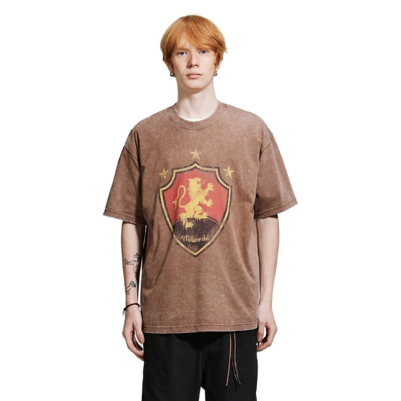 MOKACME 24SS retro vintage style distressed coat of arms printed washed pure cotton loose short-sleeved T-shirt - Men's T-Shirts & Tops - Cotton & Hemp Brown