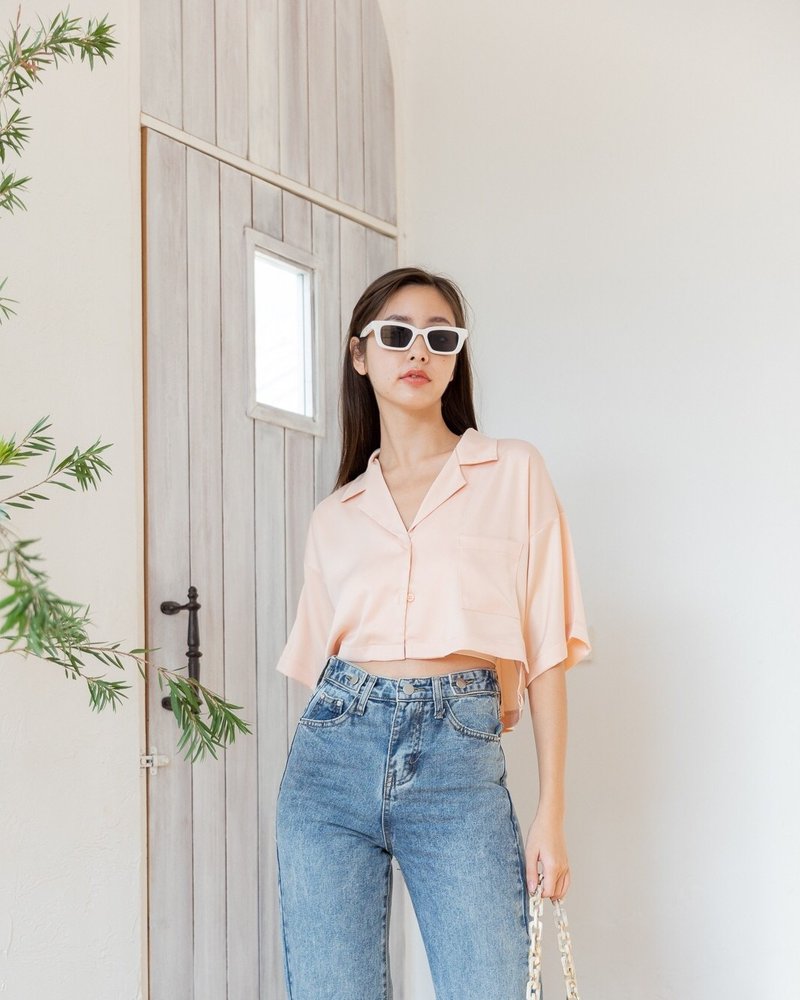 SILKY CROP SHIRTS : Rose Gold - Women's Shirts - Silk Pink