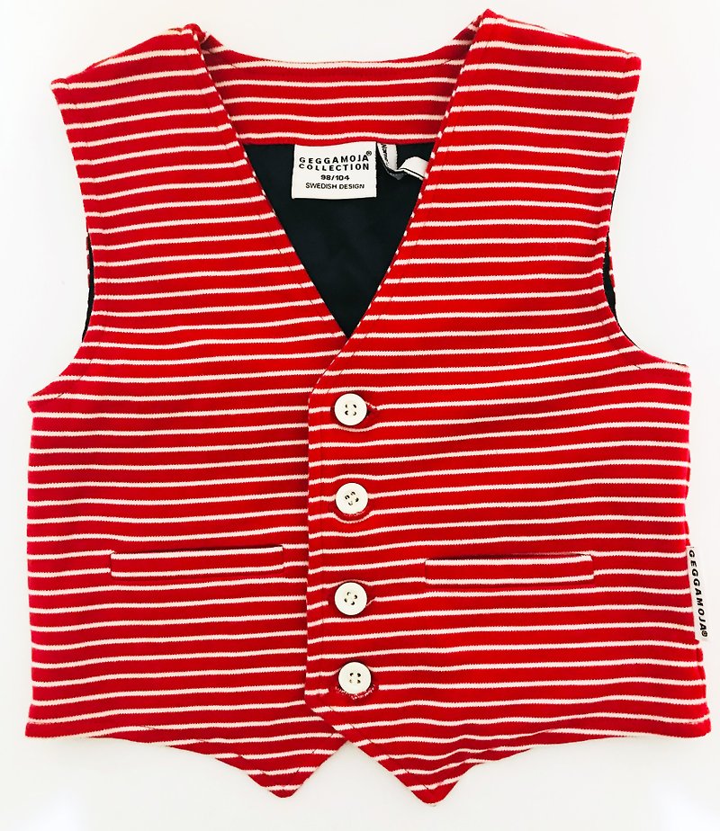 【Swedish children's clothing】Organic cotton suit button vest 2 years old to 4 years old with red and white stripes - เสื้อยืด - ผ้าฝ้าย/ผ้าลินิน สีแดง