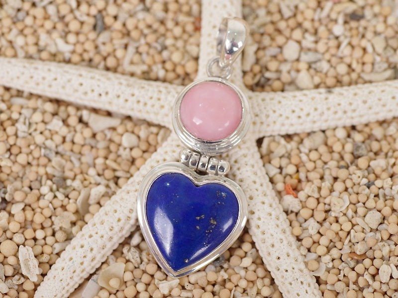 Heart's lapis lazuli and pink opal pendant top - Necklaces - Stone Blue