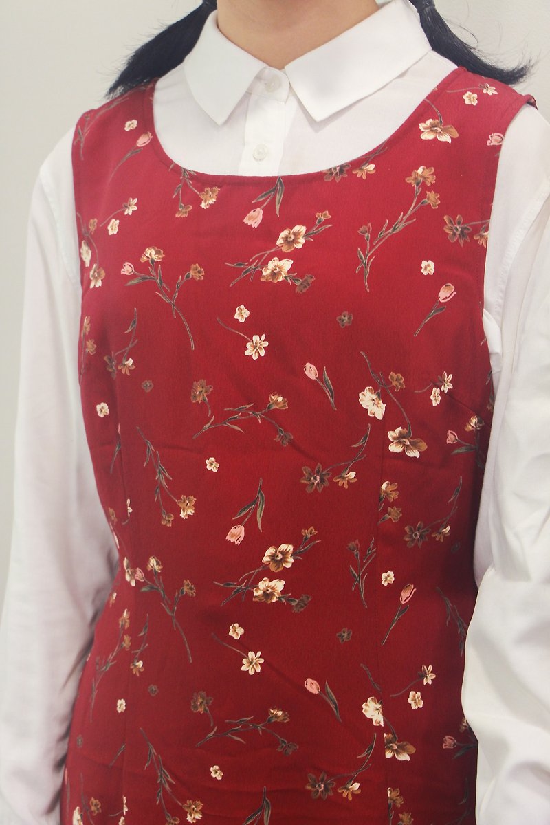 …｛DOTTORI :: DRESS｝Burgundy Sleeveless Floral Dress - One Piece Dresses - Polyester Red