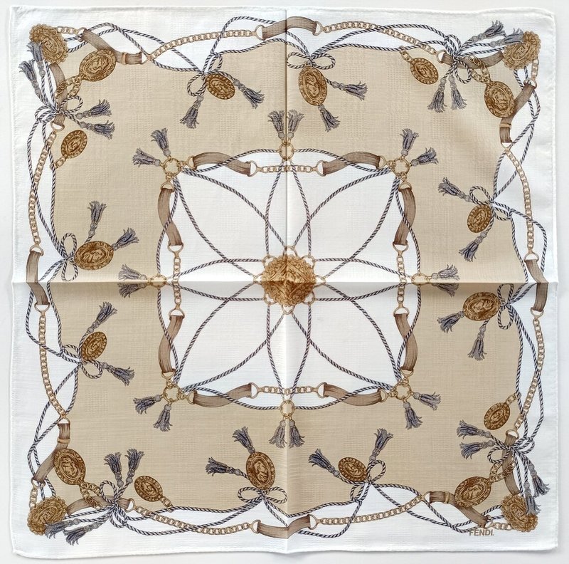Fendi Vintage Scarf – Classic Rope, Tassel & Gold Medallions 20 x 19.5 inches - 手帕 - 棉．麻 卡其色