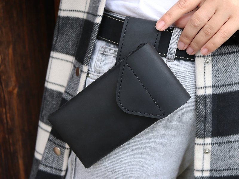 Black Leather Mobile Phone Case / Waist Hanging Waist Bag/ Belt Pouch Phone - เคส/ซองมือถือ - หนังแท้ สีดำ
