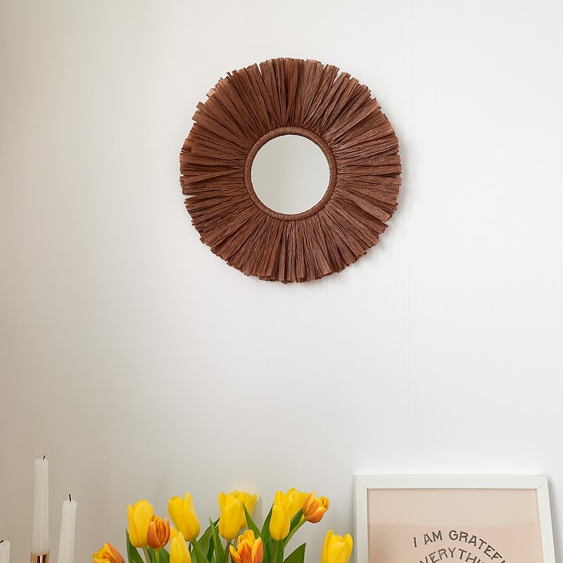Round wall mirror boho style | Framed decorative mirror | Small wall mirror - Wall Décor - Glass Brown