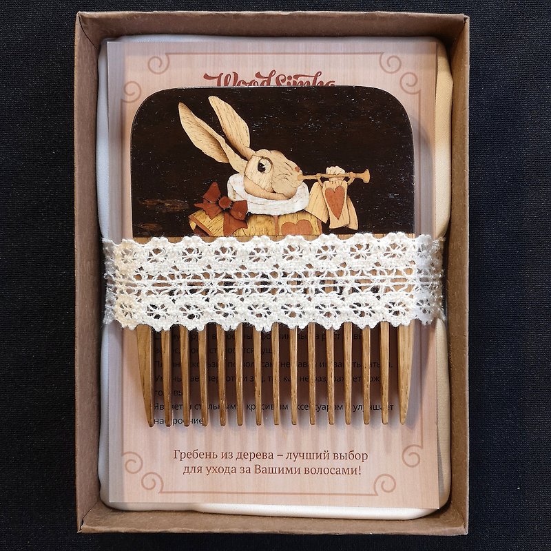 Wooden Rabbit Hare decor hair comb / handmade animal decor mosaics inlay 木梳 兔子 - Other - Wood Gold