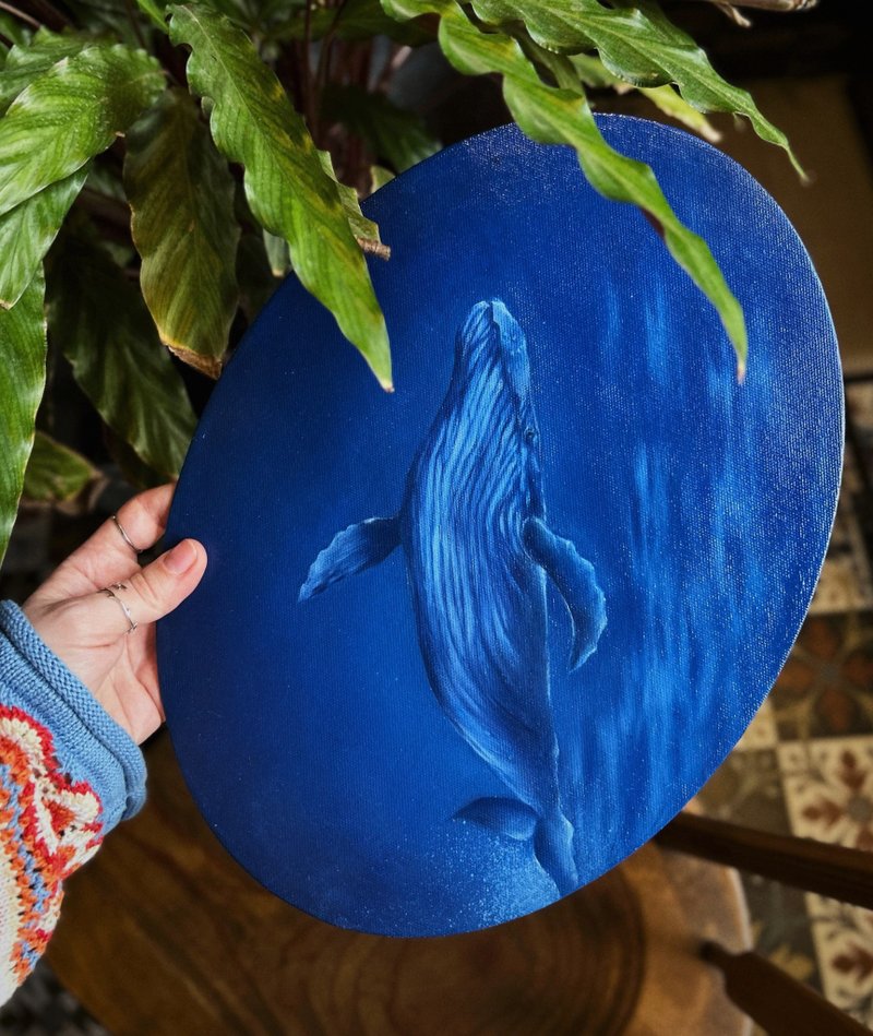 鯨魚油畫 水下原創藝術品 海洋牆面藝術 橢圓形畫布 - 壁貼/牆壁裝飾 - 其他材質 藍色