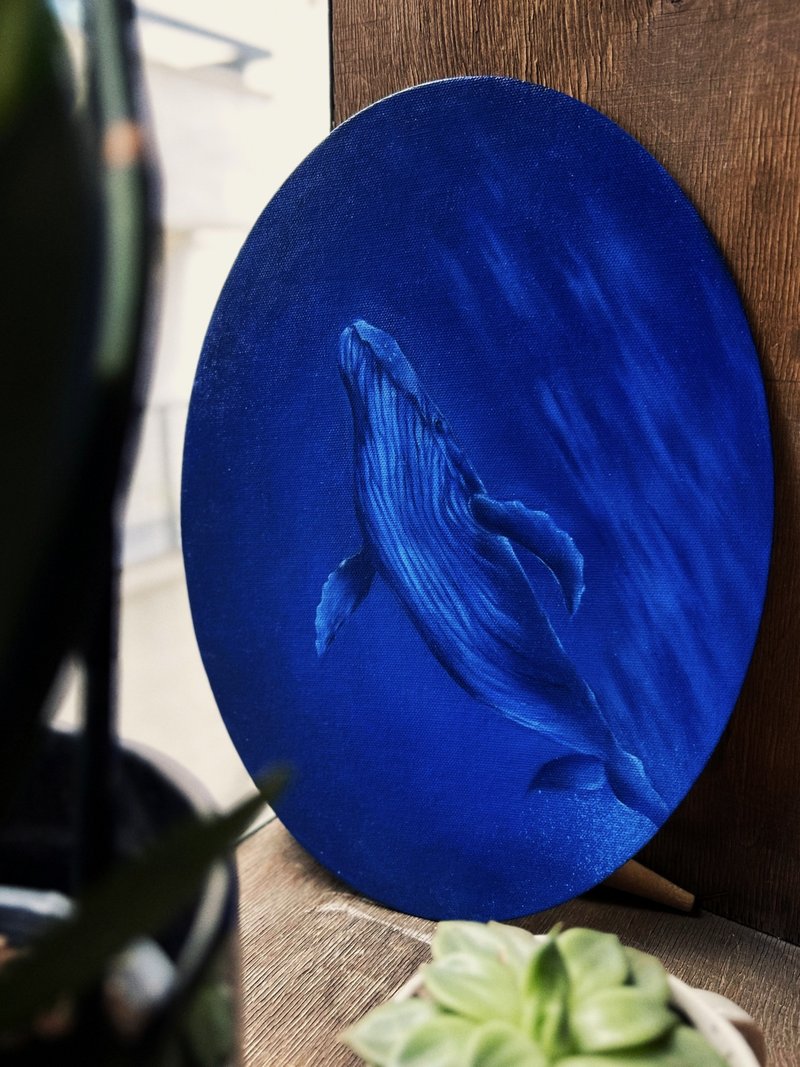 鯨魚油畫 水下原創藝術品 海洋牆面藝術 橢圓形畫布 - 壁貼/牆壁裝飾 - 其他材質 藍色