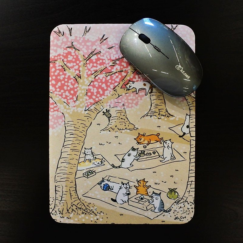 3Cat Shop~Cat Cherry Blossom Viewing Mouse Pad (Illustrator: Miss Cat) - Mouse Pads - Polyester 