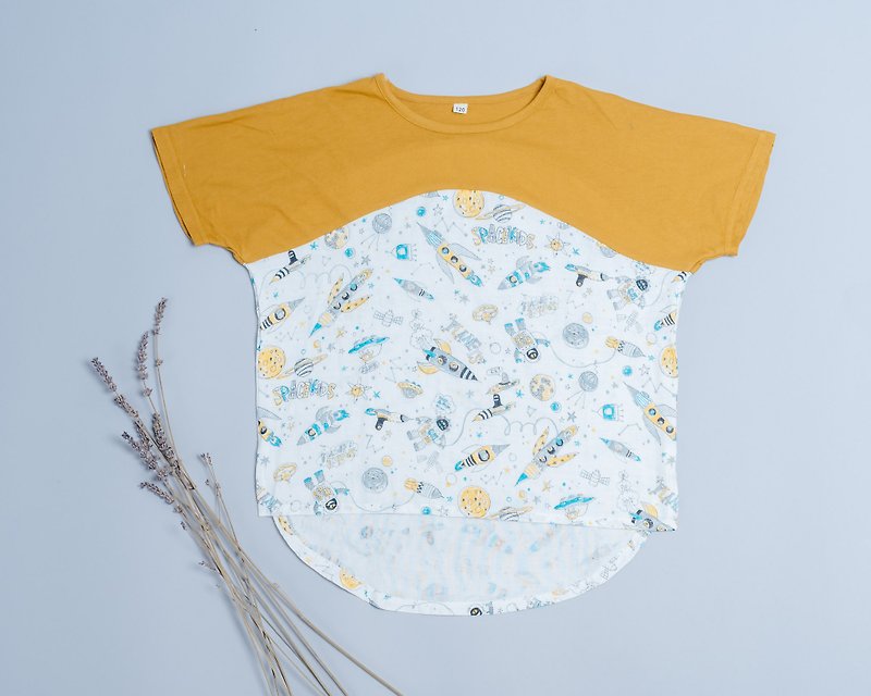Double yarn T-shirt - mustard yellow universe travel non-toxic children's clothing T-shirt cotton gauze towel - Tops & T-Shirts - Cotton & Hemp Blue
