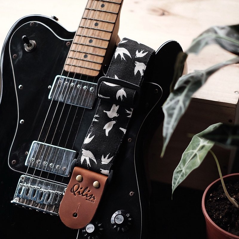 Black Birds Guitar Strap - Guitars & Music Instruments - Genuine Leather Black