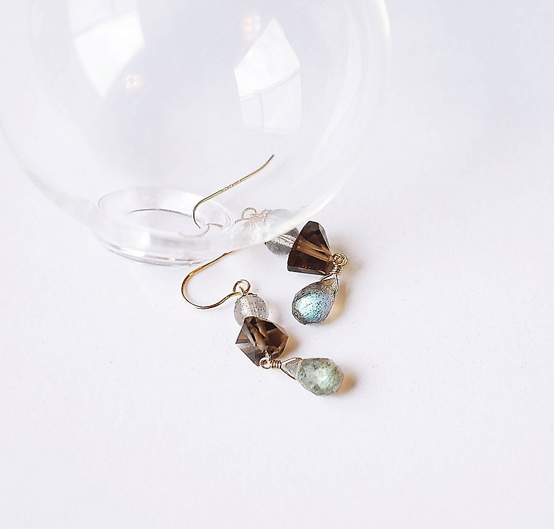 Glare Labradorite Smoked Tea Crystal Earrings 14K GF Irregular Asymmetric Halo Changeable Clip - Earrings & Clip-ons - Gemstone 