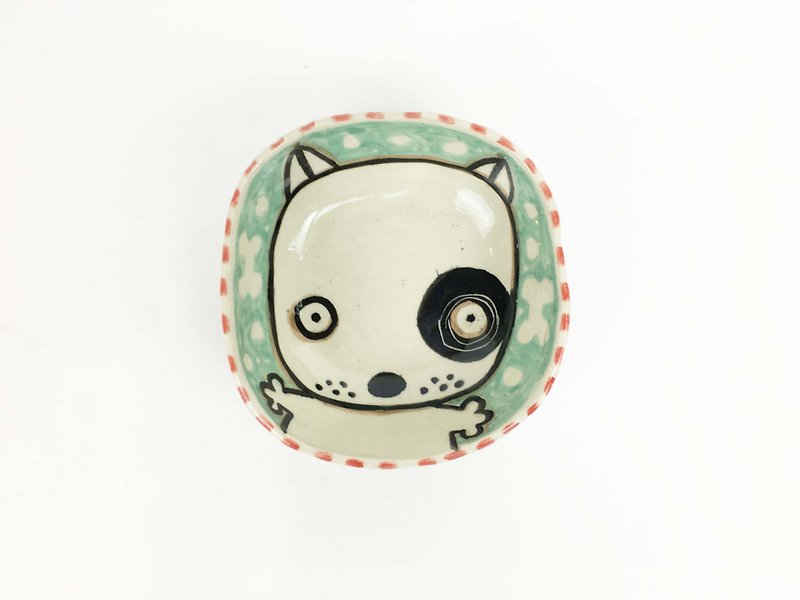 Nice Little Clay handmade painted small dish _ black round dog 0304-16 - จานเล็ก - ดินเผา สีเขียว