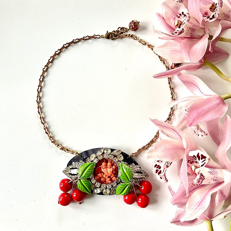 collaged cherry & rhinestone statement necklace - Necklaces - Other Metals Red