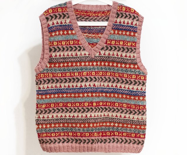 手編みベスト ウール ニットベスト 新品 手編み 青 棒針編み Vネックニット五分袖セーター ベスト ウール