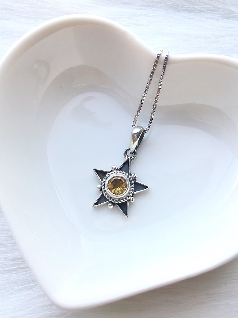 黃水晶925純銀星芒設計項鍊 尼泊爾手工銀飾 - 項鍊 - 寶石 銀色