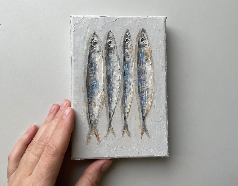 Sardines oil painting - original small canvas art - 壁貼/牆壁裝飾 - 棉．麻 灰色