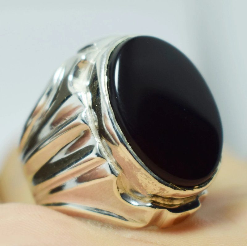 Aqeeq Ring Mens Real Agate Akik Aqiq Bague Yemeni Yamni Handmade Rings Sterling - แหวนทั่วไป - เครื่องเพชรพลอย สีดำ