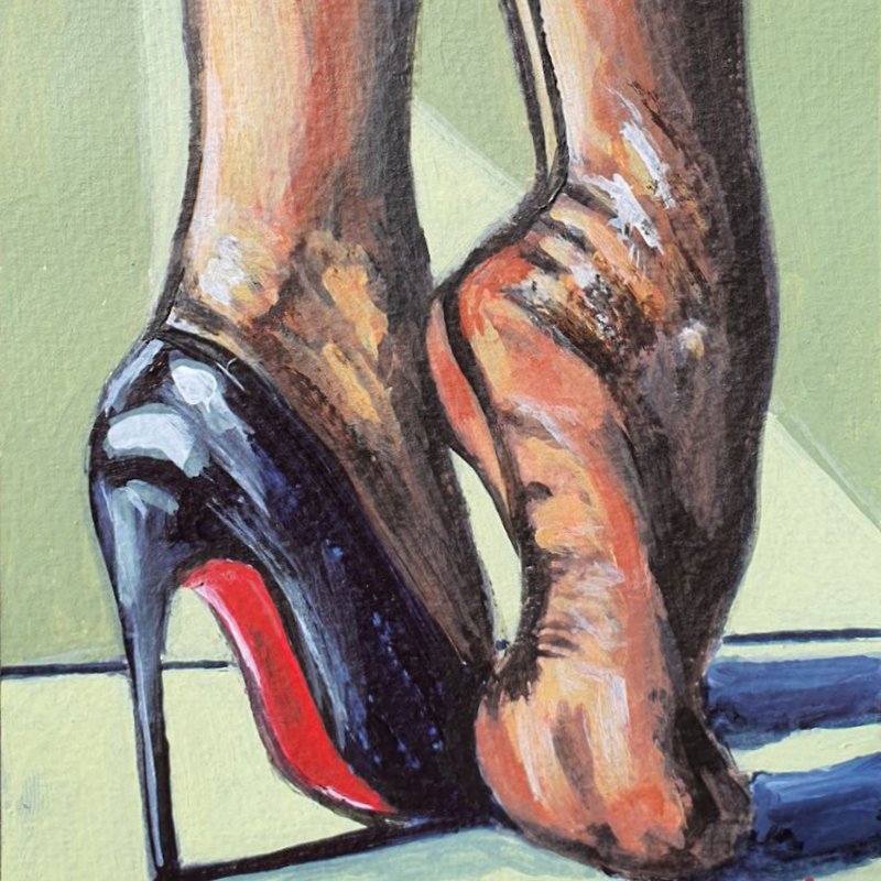 Shoes Painting High Heel Original Art Pantyhose Seam Black Stockings Legs Girl - 海報/掛畫/掛布 - 其他材質 綠色