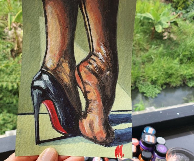 靴の絵ハイヒールオリジナルアートパンストの縫い目黒ストッキング美脚