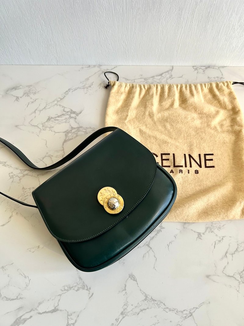 稀有中古二手Celine旋轉金星球深綠色皮革豆腐小包單肩手袋斜側背 - 側背包/斜背包 - 真皮 綠色