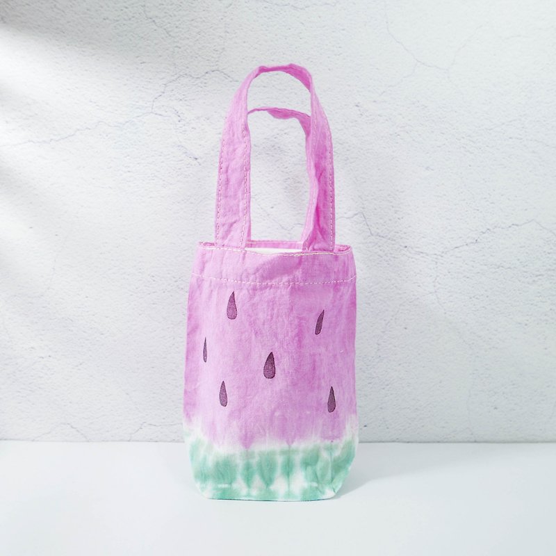 : 紅西瓜 : 飲料提袋 環保袋 手提袋 杯套 手染 渲染 染色 - 杯袋/飲料提袋 - 棉．麻 粉紅色