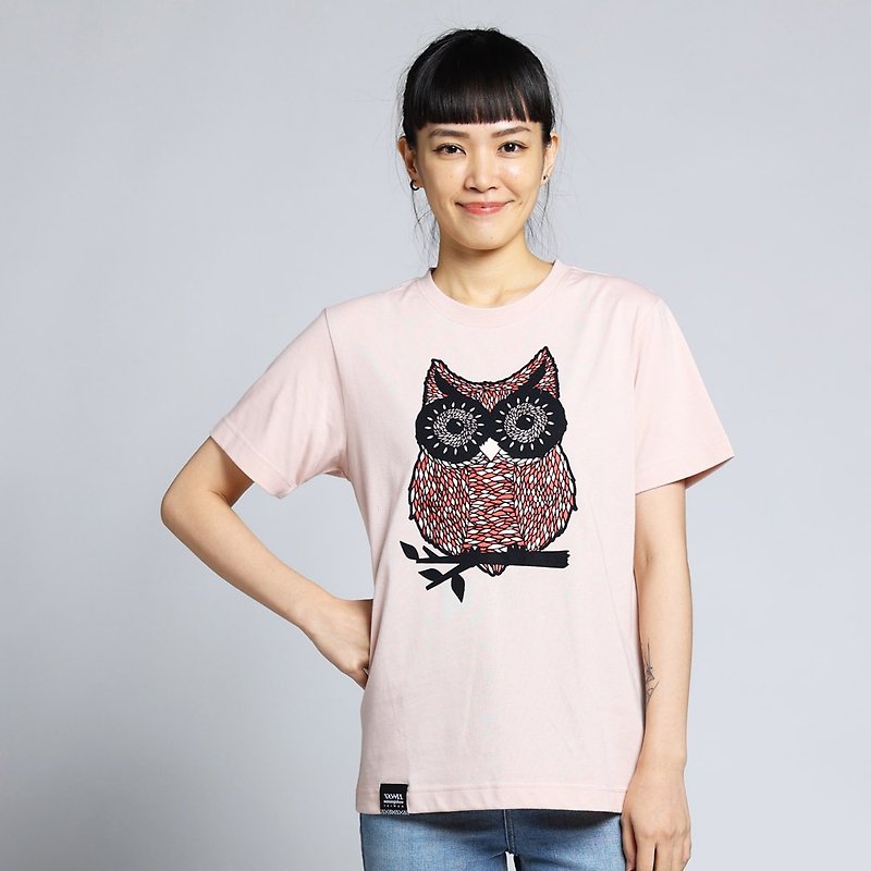 【森の動物シリーズ】フクロウ植毛ニュートラルT（ピンク） - Tシャツ メンズ - コットン・麻 ピンク