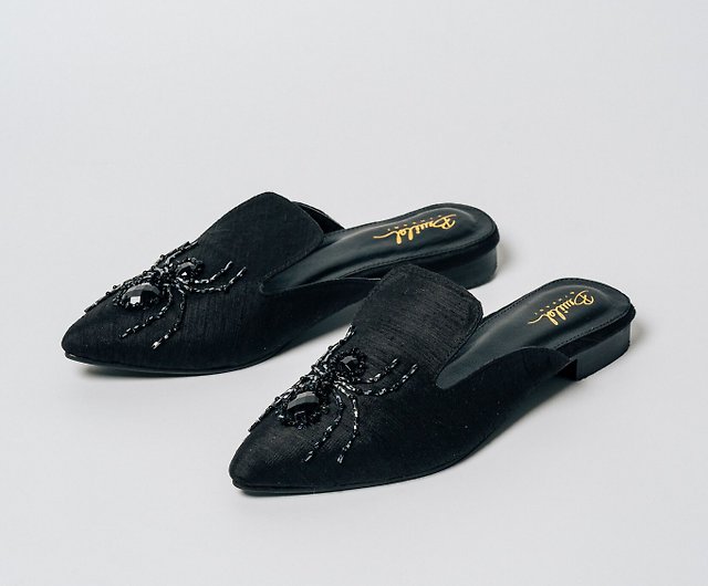 Black Spider Handicrafts Embroidered Mules - Silk Sheep Leather Mules - Shop BWILDIsan Women's Shoes Pinkoi