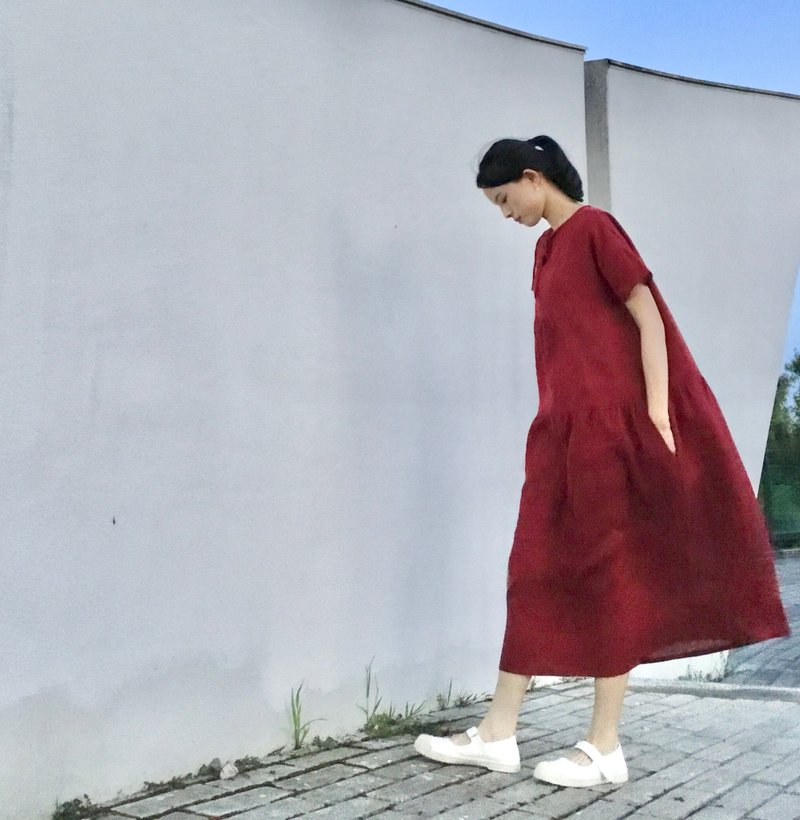 Cranberry/enzyme washed linen/bow tie round neck open placket low waist short sleeve long dress 100% linen - ชุดเดรส - ผ้าฝ้าย/ผ้าลินิน สีแดง