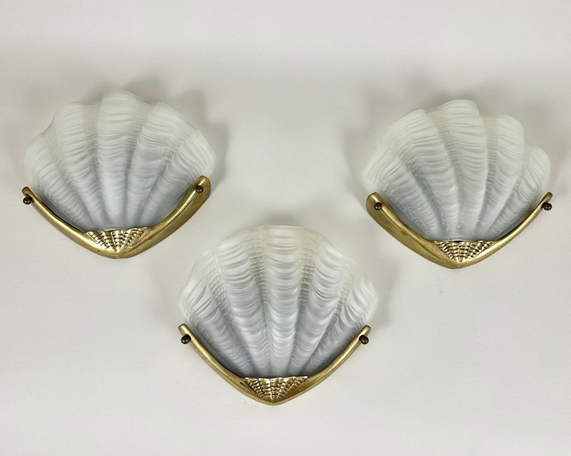 復古玻璃青銅殼壁燈壁燈 80 年代裝飾藝術風格 3 件套 - 燈具/燈飾 - 玻璃 透明